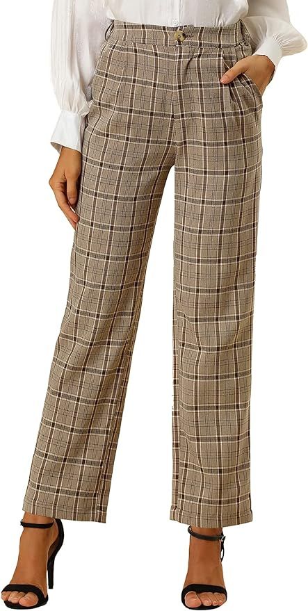 Allegra K Women's Plaid Pants Elastic Waist Casual Work Office Long Trousers | Amazon (US)