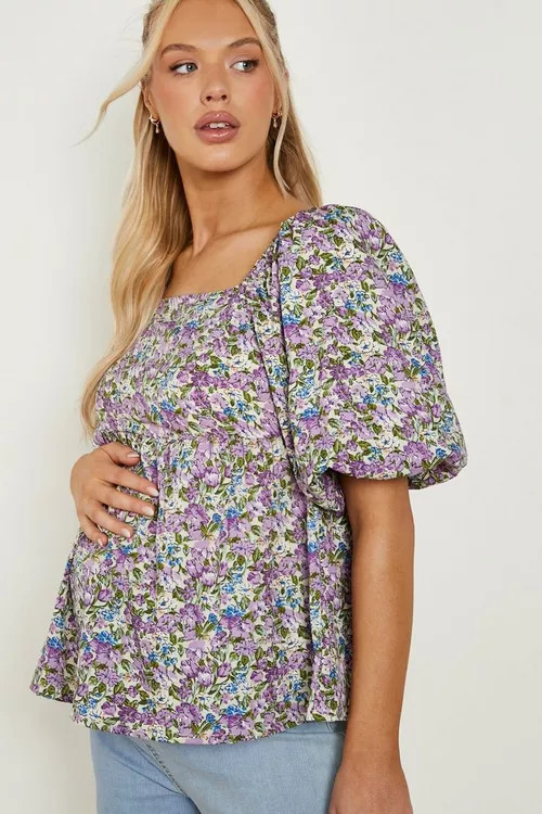 Maternity Floral Puff Sleeve Smock Top | Boohoo.com (US & CA)