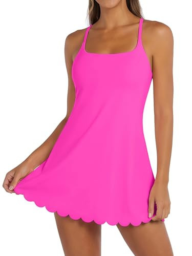 ATTRACO Women's Tennis Dress with Built-in Bra Scalloped Spaghetti Strap Activewear Hot Pink L | Amazon (US)