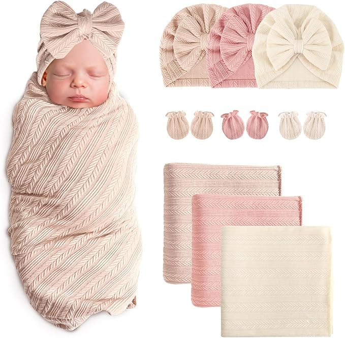 Newborn Receiving Blanket with Bow Hat Mittens Set Wheat-Pattern Newborns Toddler Baby Boy Girl N... | Amazon (US)