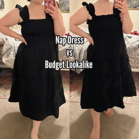 Hill House Nap Dress vs Quince Smocked Midi Dress. They look identical! I’m wearing a large in both. My nap dress is a few years old and needs to be pressed, but the details are the same. The Quince isn’t as generous around the hips, but still comfortable. If you’re looking for a HHH nap dress dupe, this is it. 👏 


 Vacation Outfit, Wedding guest dress, date night dress, spring dress, look for less, black dress, 

#LTKmidsize #LTKstyletip #LTKfindsunder100