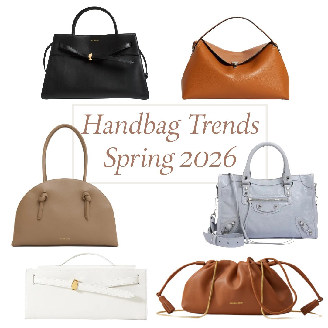 Spring 2026 handbag trends include belted totes, neutral hues, shades of white, east/west bags, vintage IT bags, drawstring bags, chain straps, and bowling bags. Love! 

 #LTKOver40 #LTKWorkwear
