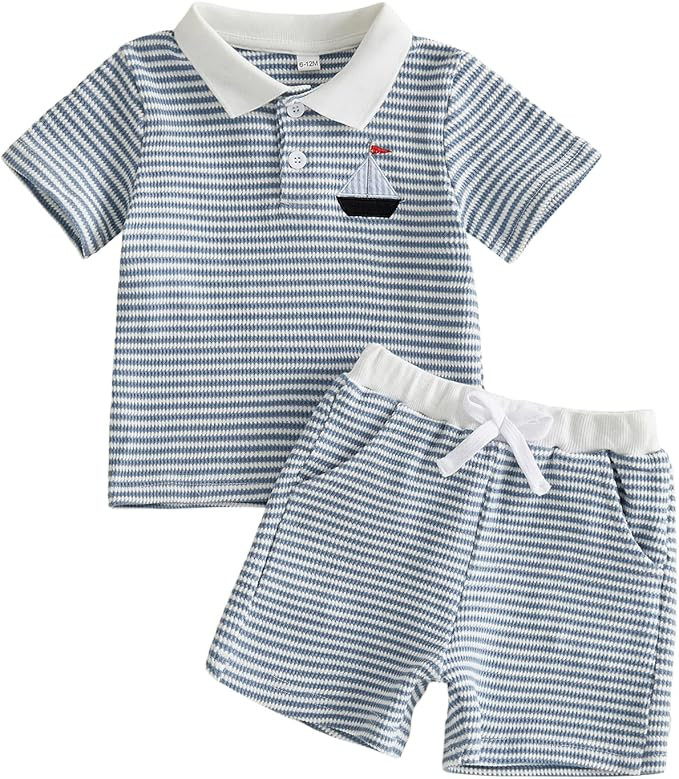Amazon.com: Fufuriprefer Toddler Baby Boy Summer Clothes Waffle Outfit Sailboat Embroidery Short ... | Amazon (US)