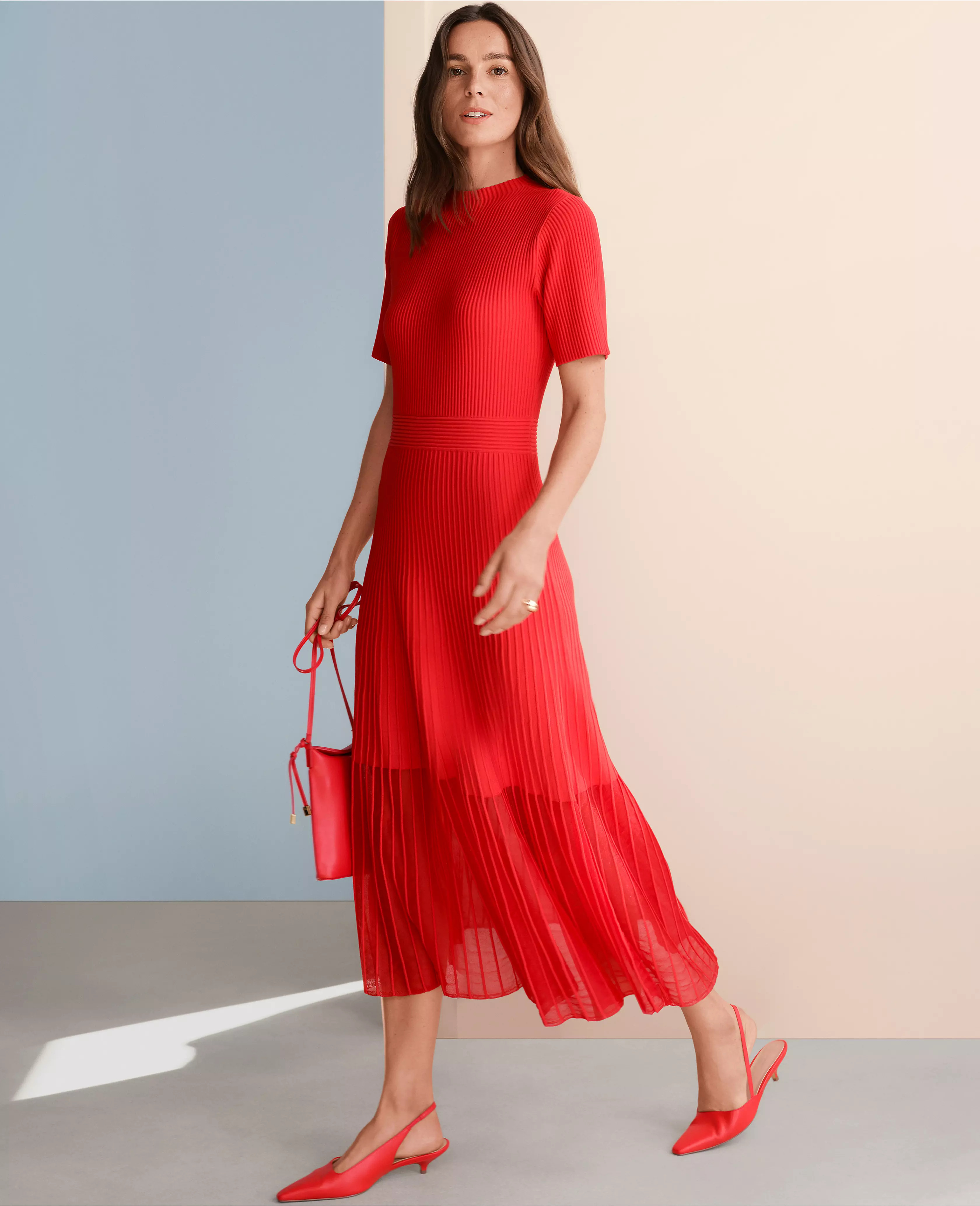 Petite Mock Neck Mixed Media Midi Dress | Ann Taylor