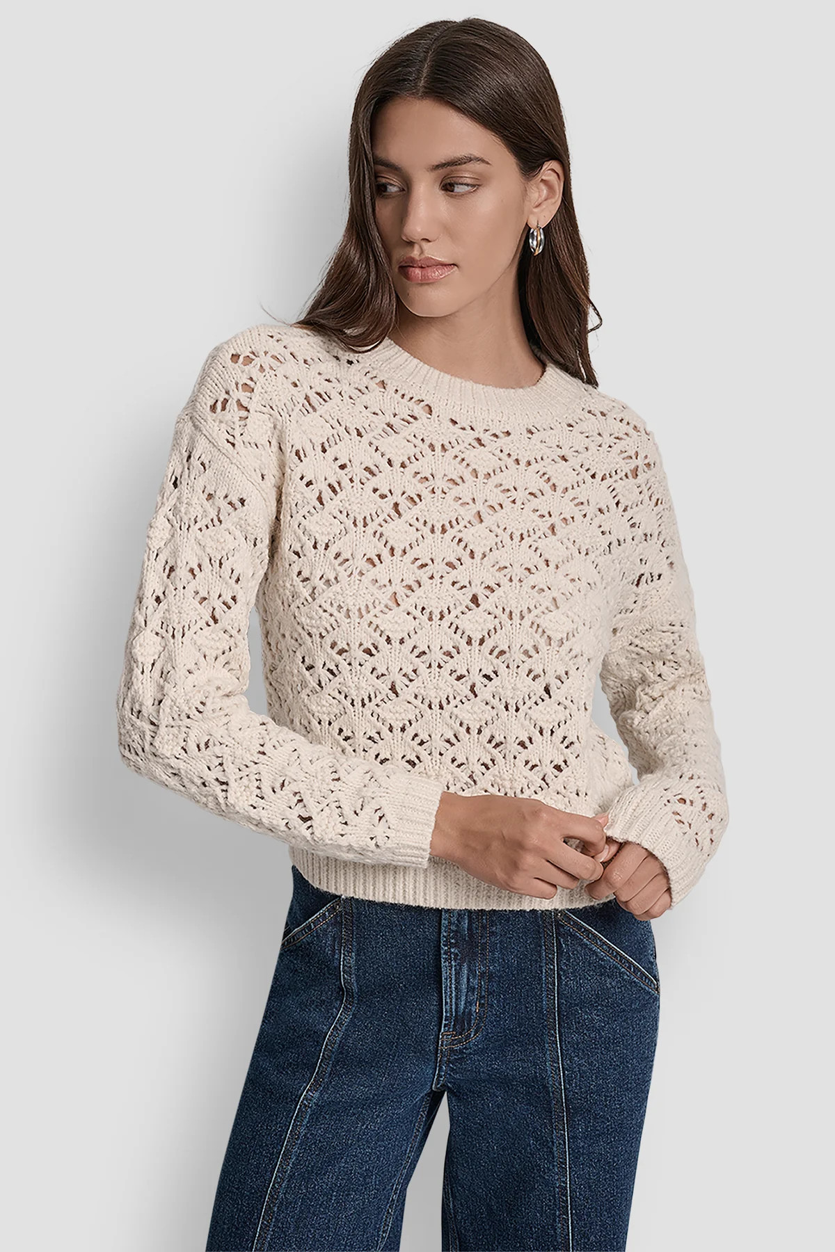 POINTELLE STITCH LONG SLEEVE CREW NECK SWEATER | DKNY