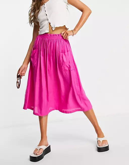 ASOS DESIGN midi skirt with pocket detail in pink | ASOS (Global)