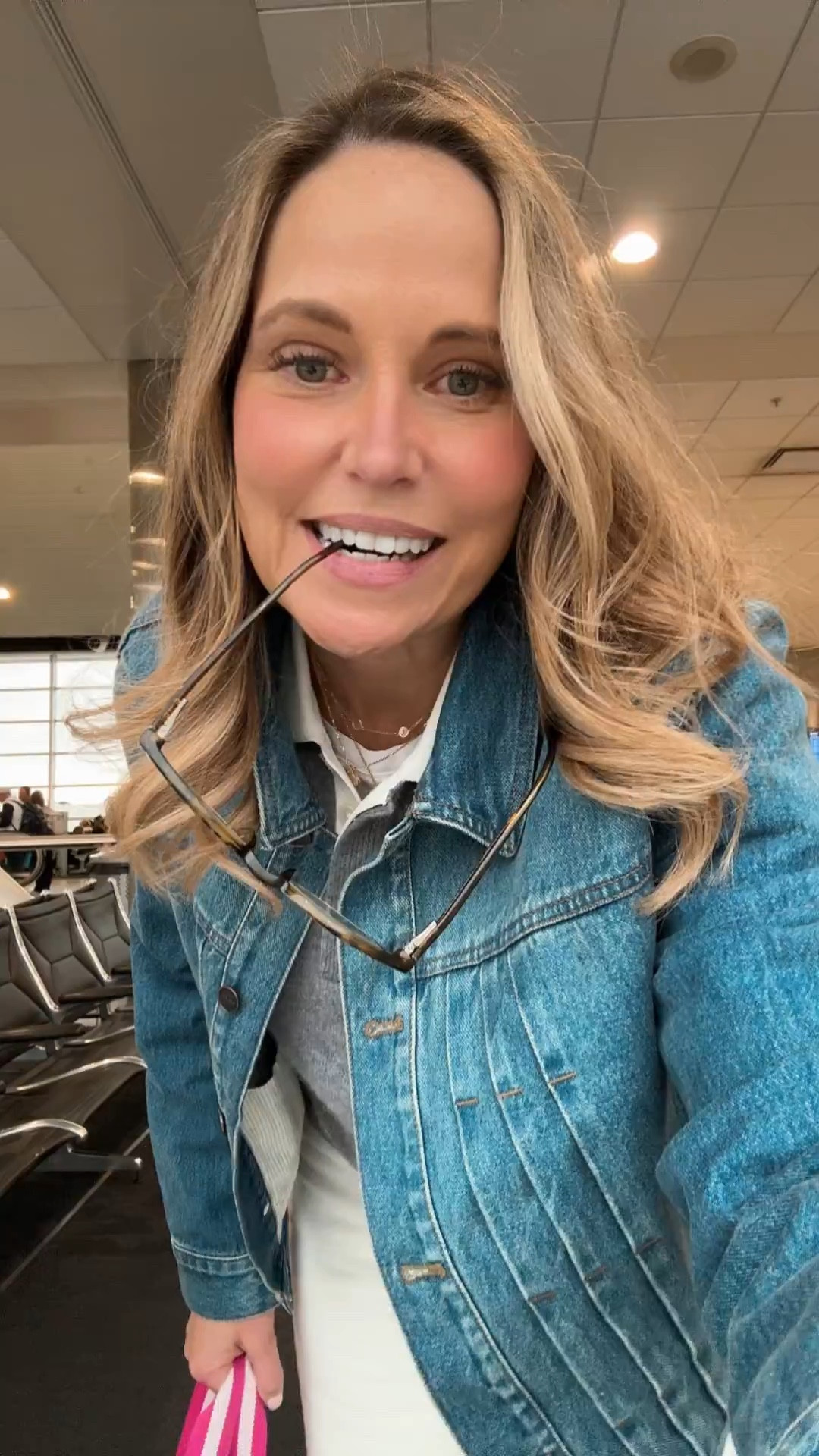 Travel outfit formula! Pull on jeans are stylish but provide support and comfort for long travel days. Layering a Tshirt and sweater is key to be able to adapt to differing temps. And I’m loving this cute Jean jacket! m

#LTKgrwm #LTKootd #LTKTravel