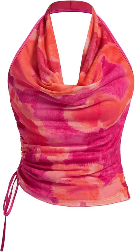 SHENHE Women's Tie Dye Halter Neck Draped Front Ruched Drawstring Backless Crop Top | Amazon (US)
