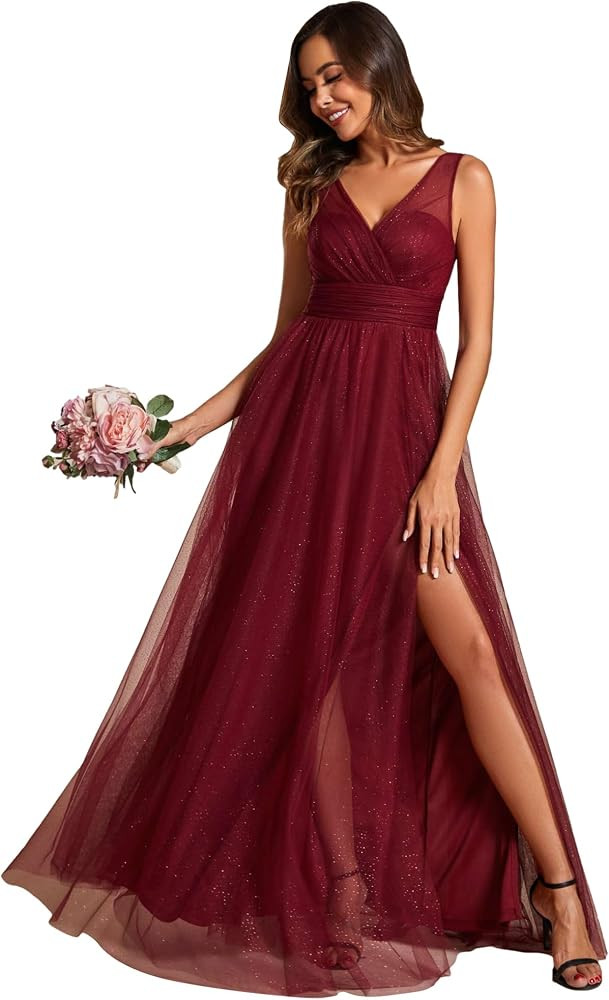 Ever-Pretty Women Dress Maxi Bridesmaid Dress Sparkle Tulle Sleeveless with Double V and High Sli... | Amazon (UK)