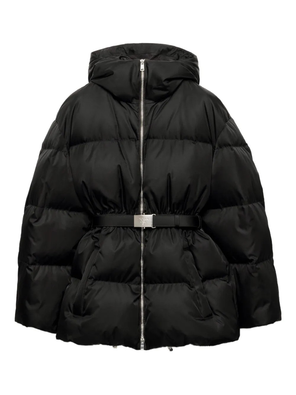 Prada hooded belted puffer jacket - Black | Farfetch Global