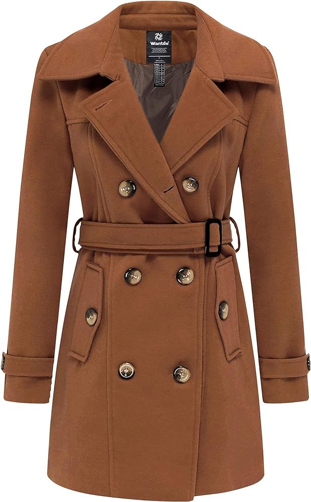 Wantdo Women's Double Breasted Pea Coat Winter Mid-Long Trench Coat with Belt | Amazon (US)