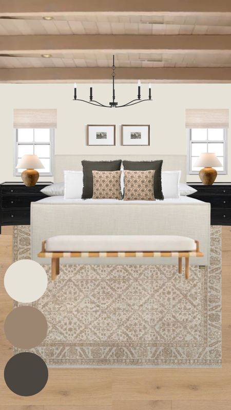 Primary suite mood board. Follow along as I bring this to life  

McGee & co, bedding, studio McGee, spring refresh, upholstered bed, kind bed, nightstands, chest of drawers, rug, wool rug, chandelier, table lamp, black dresser, throw pillow 

#LTKhome #LTKstyletip