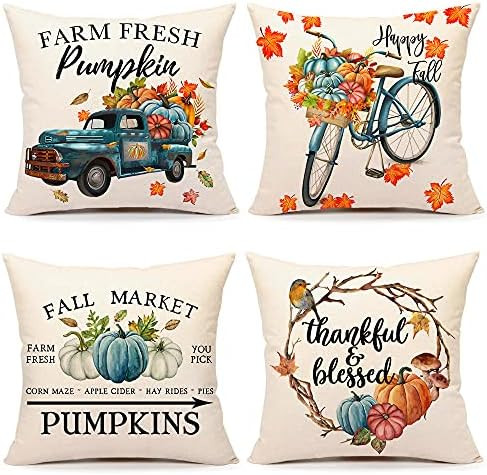 4TH Emotion Fall Decor Pillow Covers 18x18 Set of 4 Thanksgiving Blue Pumpkin Farmhouse Decorations  | Amazon (US)