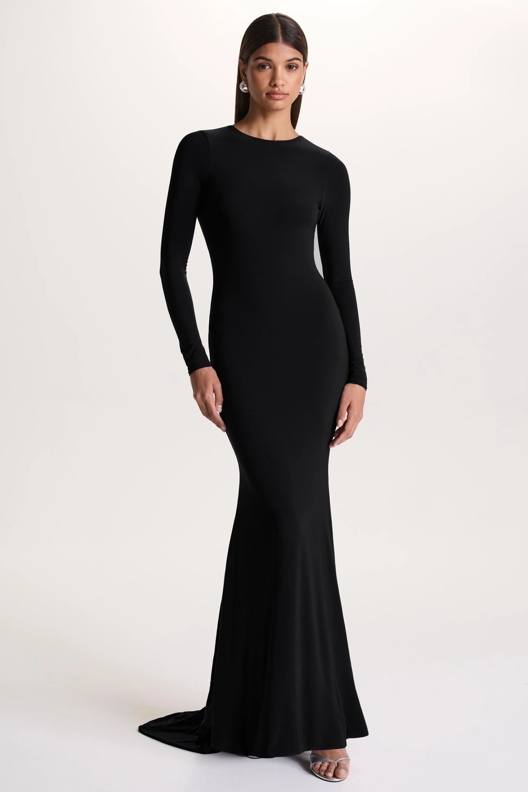 One Step Ahead  Black Long Sleeve Backless Fishtail Maxi Dress | Club L London