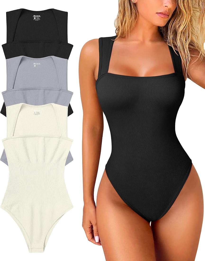 OQQ Women's 3 Piece Bodysuits Sexy Ribbed Strappy Square Neck Sleeveless Tummy Control Tank Tops ... | Amazon (US)
