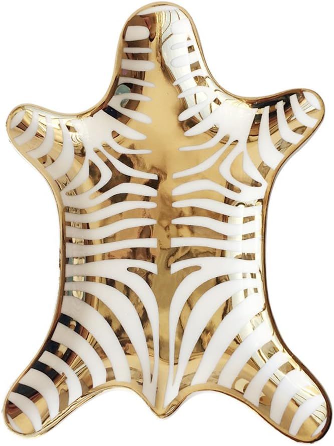 NUYKOUY Zebra Stripe Jewelry Tray Ceramic Dishes Plate Gilded 5.9", Gold | Amazon (US)