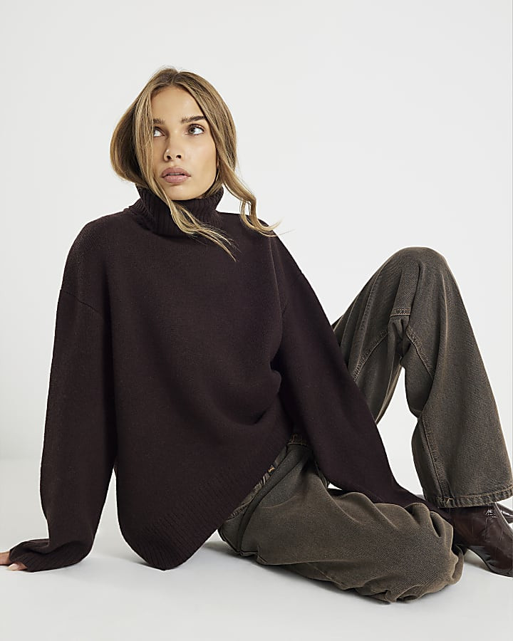 Brown Premium Wool Roll Neck Jumper | River Island UK & IE