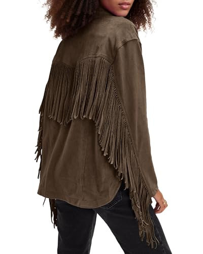 Locachy Women's Faux Suede Fringe Jacket Vintage Western Cowgirl Tassel Jackets Country Concert Outfits Coffee M | Amazon (US)