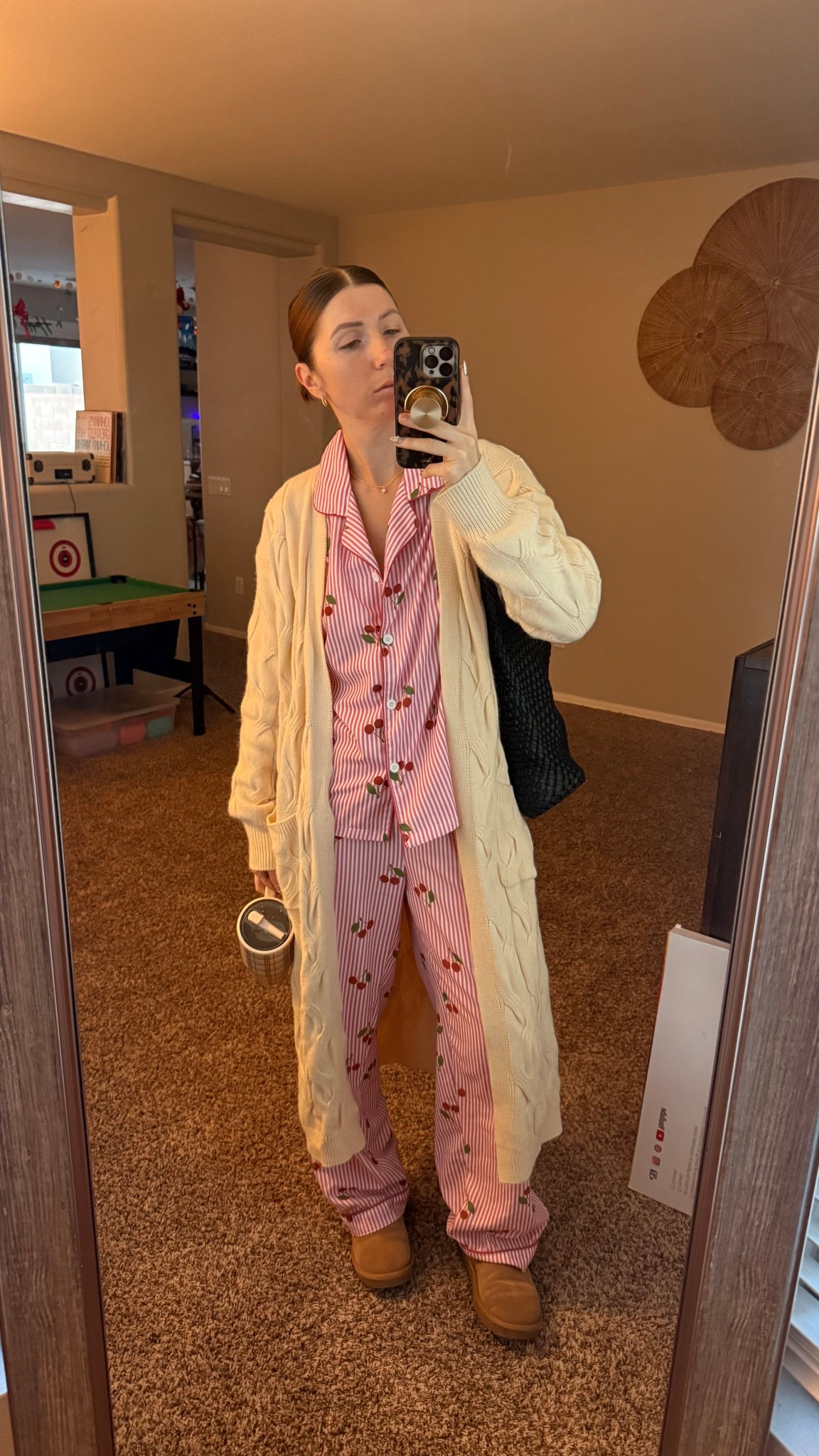 •pink and red cherry print pajama set: size M, no drawstring but very stretchy waistband, fits my 26” waist, pants a great length in 5’4
•beige cardigan sweater duster: Size M
•gold jewelry: hypoallergenic 
•Short ankle “uggs”: a little on the smaller end, size up if in between 
•plaid tumbler cup: brumate leakproof
•black woven “leather” bag: amazing quality - looks high end

#LTKootd #LTKmomlife #LTKPetite