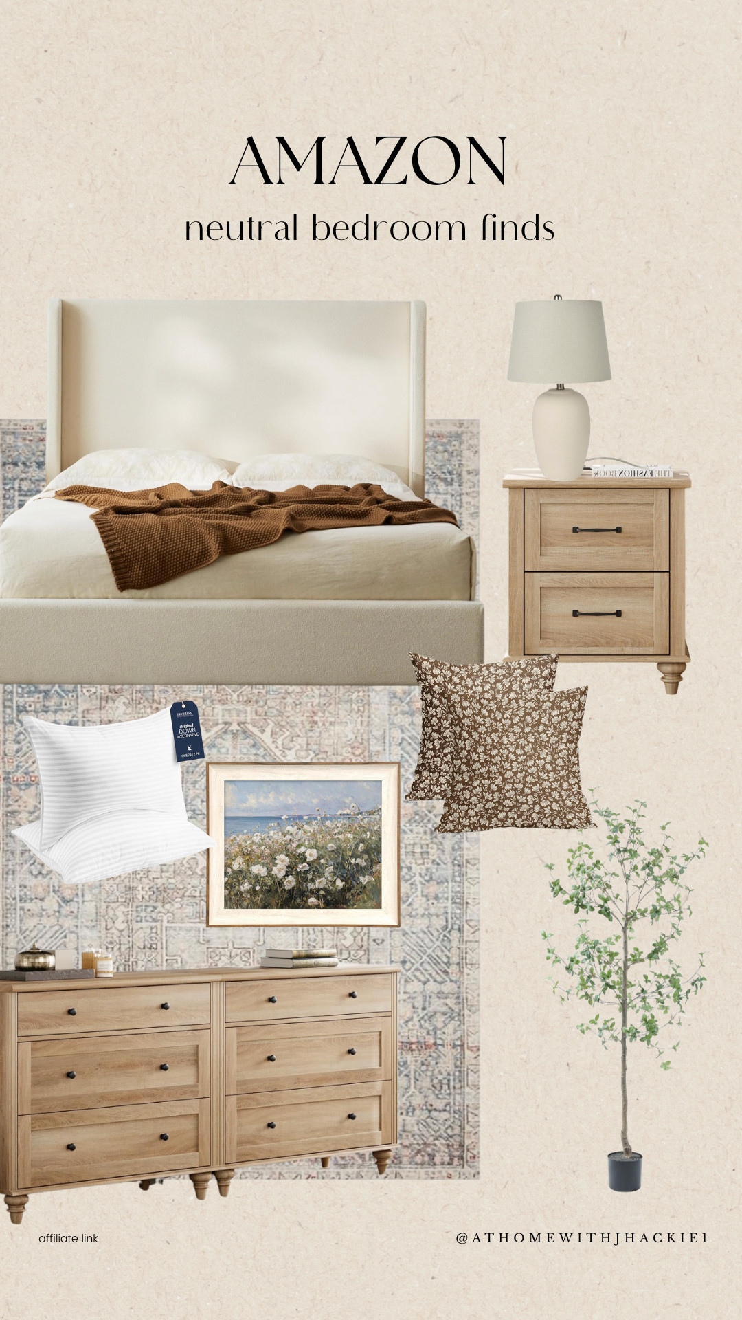 Amazon neutral bedroom decor, upholstered platform bed cream, wood dresser amazon, nightstand with drawers wood, neutral bedroom rug vintage, floral accent pillow brown, down alternative pillow insert, beige table lamp bedroom, framed landscape wall art neutral, faux indoor tree decor, cozy layered bedding neutral, organic modern bedroom ideas, affordable bedroom furniture amazon, warm earthy bedroom aesthetic, neutral bedroom styling ideas 

 

#LTKHome