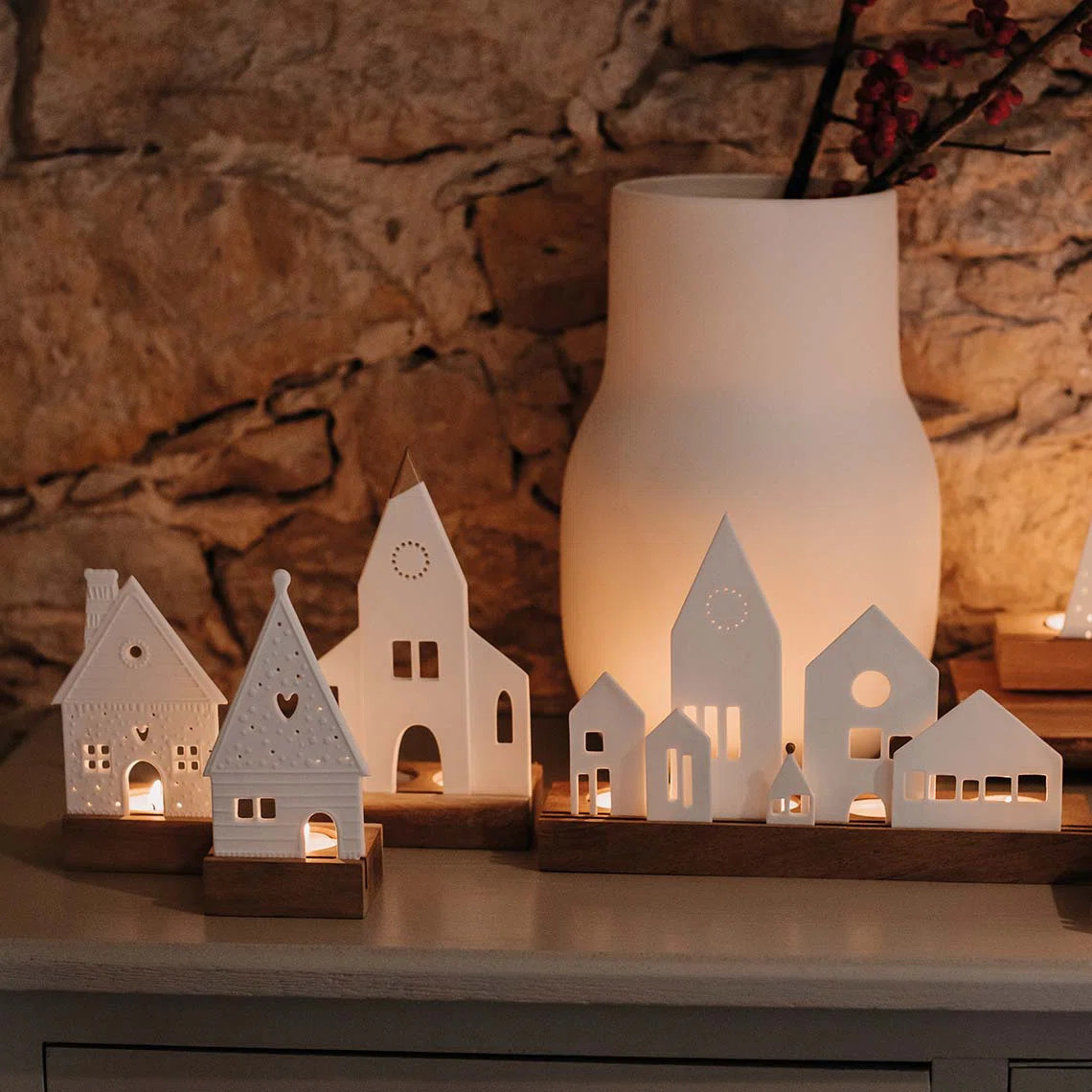 Räder Porcelain & Acacia Village Tealight Set - 4 Piece | Wayfair | Wayfair North America