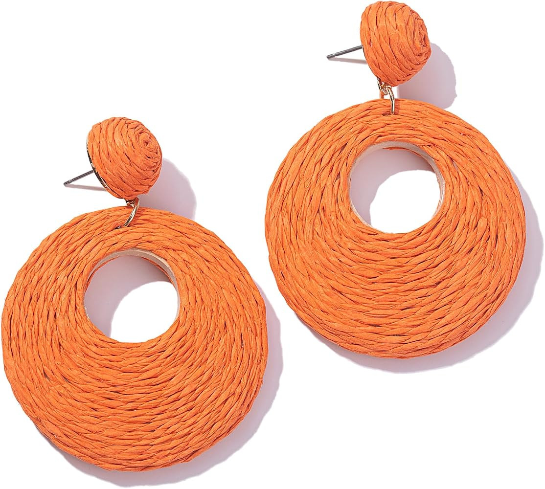 Boho Raffia Statement Circle Earrings - Cute Round Dangle Summer Handmade Rattan Jewelry for Wome... | Amazon (US)