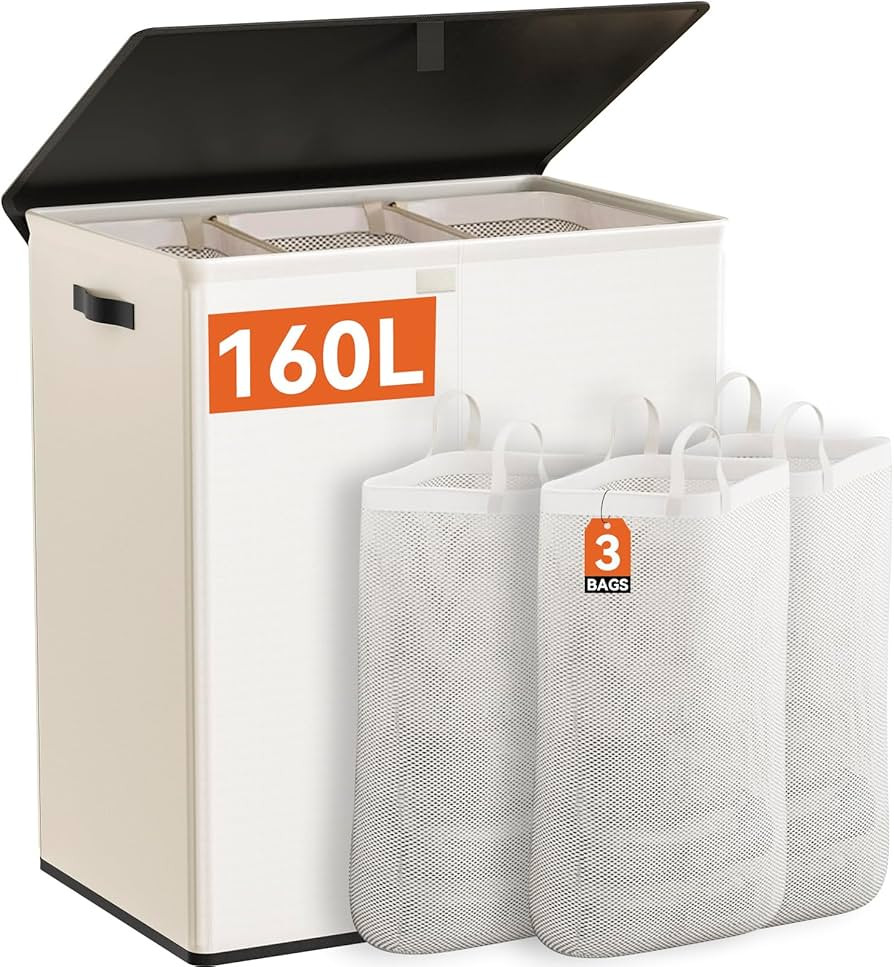 WOWLIVE Laundry Hamper with Lid,160L Large Laundry Basket 3 Section with Removable Washing Bags,C... | Amazon (US)