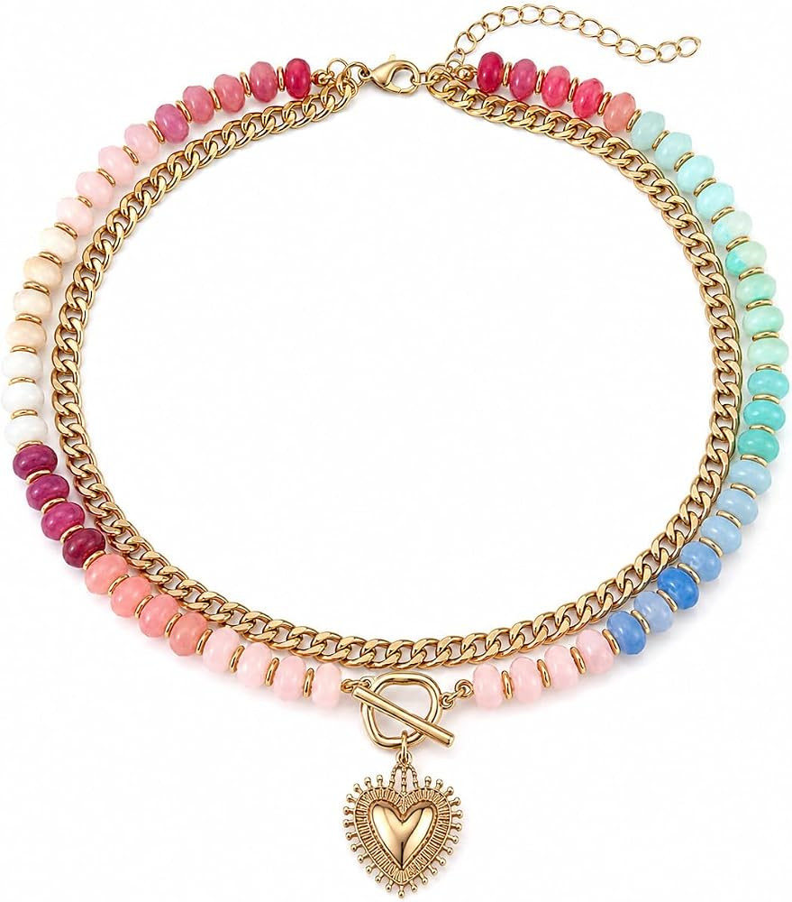Layered Necklaces for Women, Gold Heart & Acrylic Beaded Choker | Amazon (US)