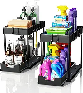 2 Pack Under Sink Organizers and Storage, 2-Tier Sliding Cabinet Basket Organizer with Hooks, Mul... | Amazon (US)