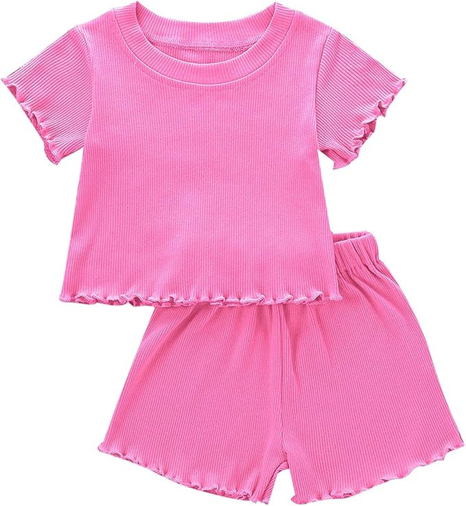 Toddler Baby Girl Summer Clothes Ribbed Knit Cotton Cute Summer Outfits Short Sleeves 2 Pieces Sh... | Amazon (US)