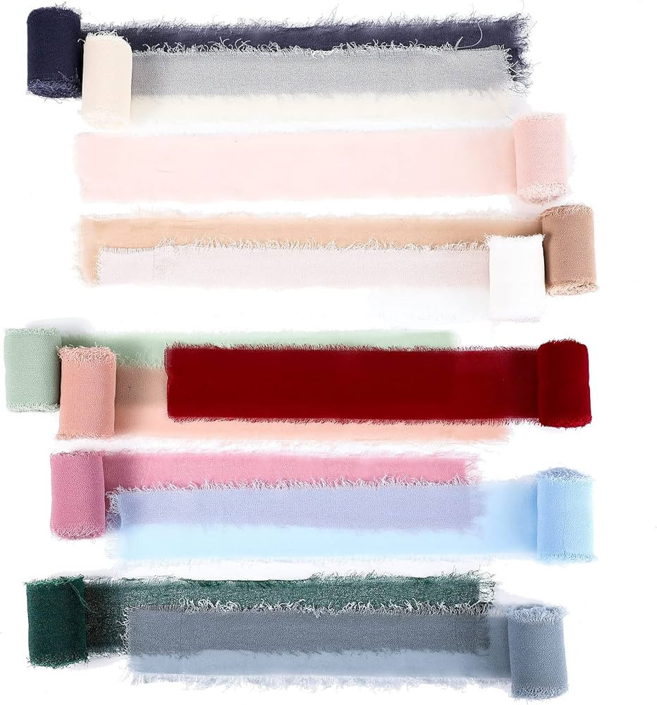 Handepo 12 Rolls Handmade Fringe Chiffon Silk Ribbon Handmade Frayed Edges Ribbon for Gifts Wrapp... | Amazon (US)