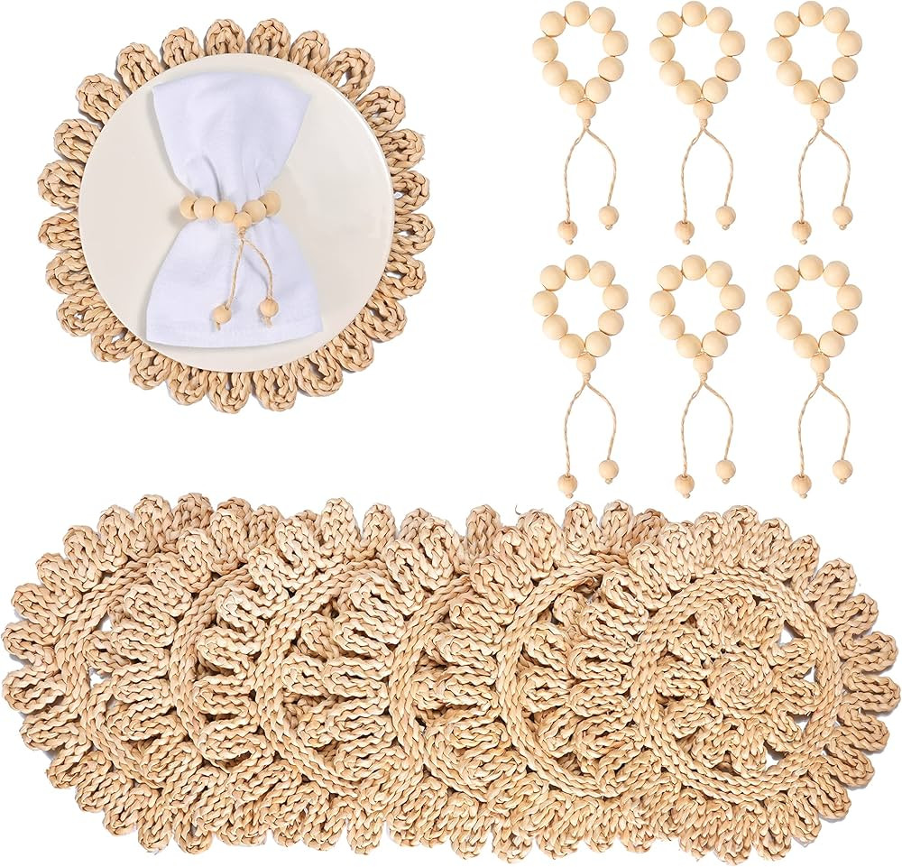 Round Woven Placemats for Dining Table Set of 6 with Napkin Rings, 13.5 Inches Natural Braided Ra... | Amazon (US)