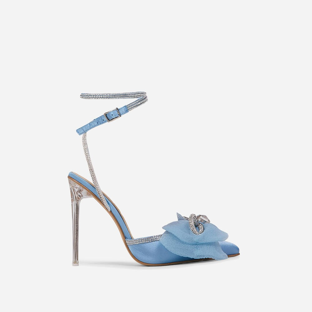 Chriselle Bow Detail Diamante Lace Up Clear Perspex Heel In Blue Satin | EGO Shoes (US & Canada)
