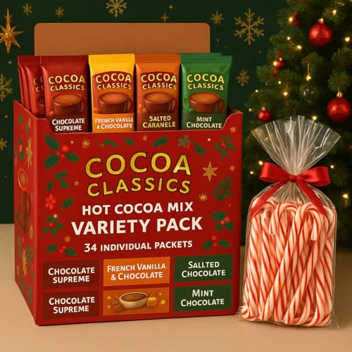 Hot Chocolate Cocoa Mix Variety Gift Pack – 34 Individual Packets – French Vanilla, Salted Caramel, Mint & Chocolate Supreme Flavors – Instant Hot Cocoa Mix – Christmas Holiday Gift with Candy Canes | Amazon (US)