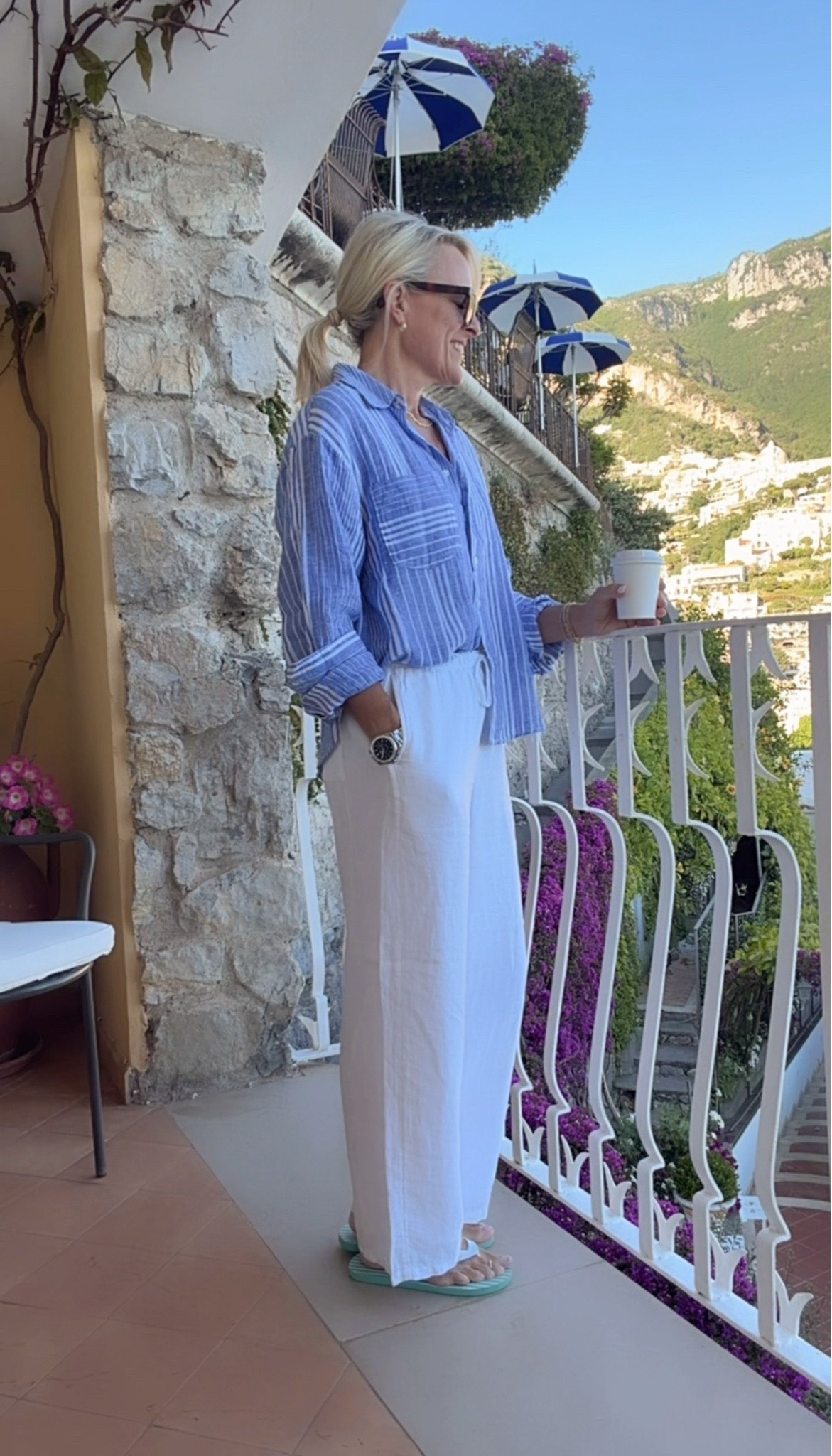 Linen pants @jcrew 
Come in 3 length options! 
I’m in small regular length 
The white are lined! 
Have pockets 

Linen button up wearing small