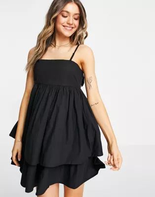 ASOS DESIGN bandeau double layer tie back mini sundress with detachable straps in black | ASOS (Global)