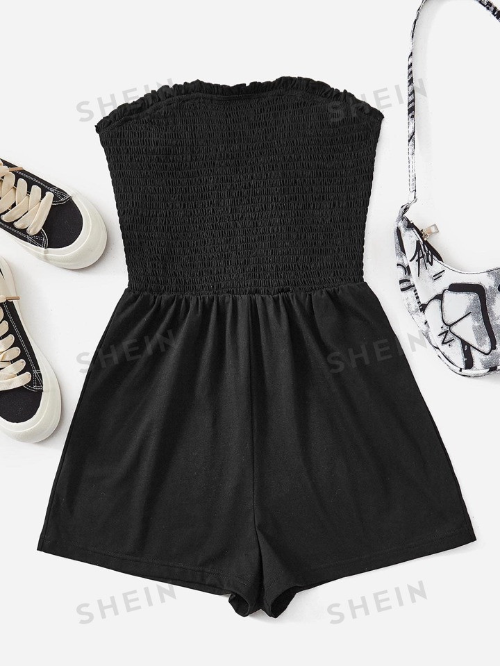 SHEIN EZwear Solid Frill Trim Tube Romper | SHEIN USA | SHEIN