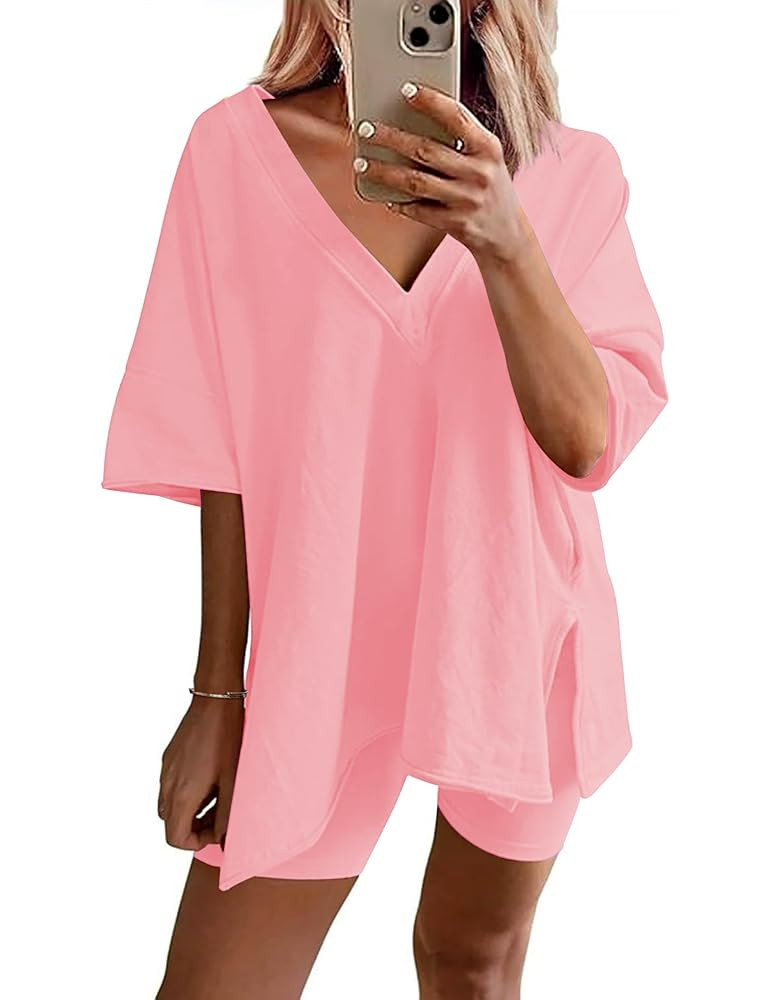 Ekouaer Womens Pajamas 2 Piece Lounge Sets Oversized V Neck T-Shirts Tops Biker Shorts Set Workou... | Amazon (US)