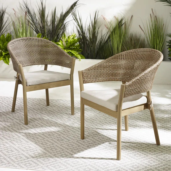 Ava Pair of Wood And Wicker Outdoor Dining Chairs - Natural Soild Wood For Modern Garden | Wayfair North America
