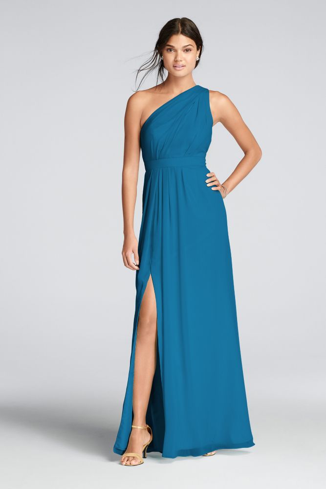 Long Chiffon Dress with Asymmetric Neckline Style F18055 | Davids Bridal