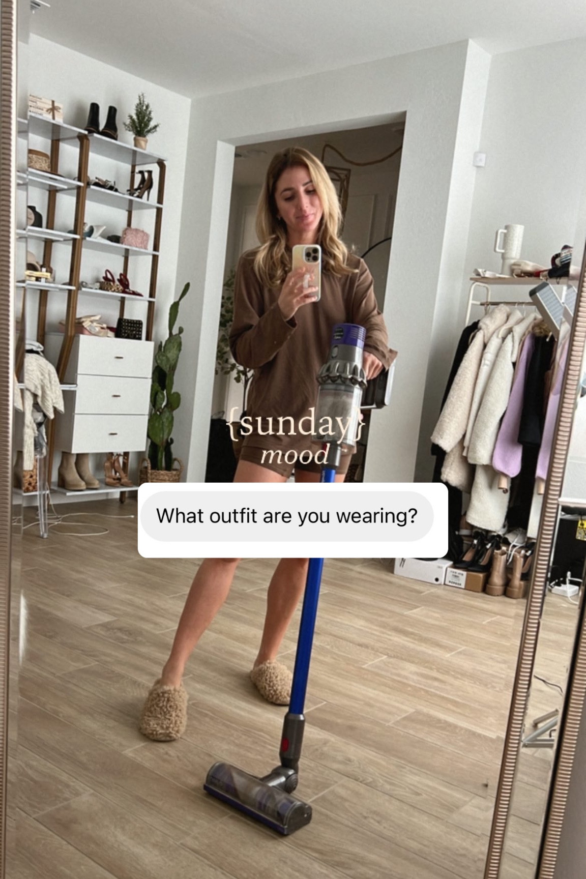 Wearing the skims long sleeve top and boyfriend boxers. Both size small and I loveeee them!! Stick with your true size. I sized up for comfort. Also my Dyson vacuum and large mirror are on sale. Linking both 

#LTKsalealert #LTKstyletip #LTKunder100