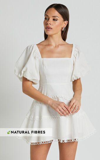 Denise Mini Dress - Square Neck Puff Sleeve Lace Detail Dress in White | Showpo (US, UK & Europe)