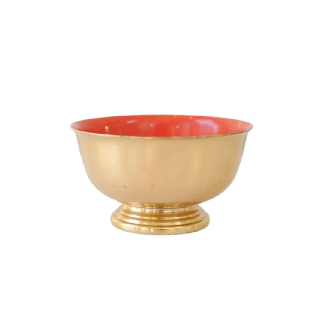Vintage Brass Footed Pedestal Bowl with Red Enamel Interior | Paloma & Co.