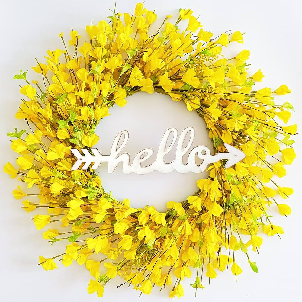 Spring Summer Wreaths for Front Door, 22 inch Yellow Forsythia Door Wreath with Hello Sign for Ho... | Amazon (US)