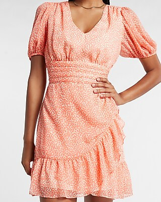 Printed Ruffle Wrap Puff Sleeve Dress | Express