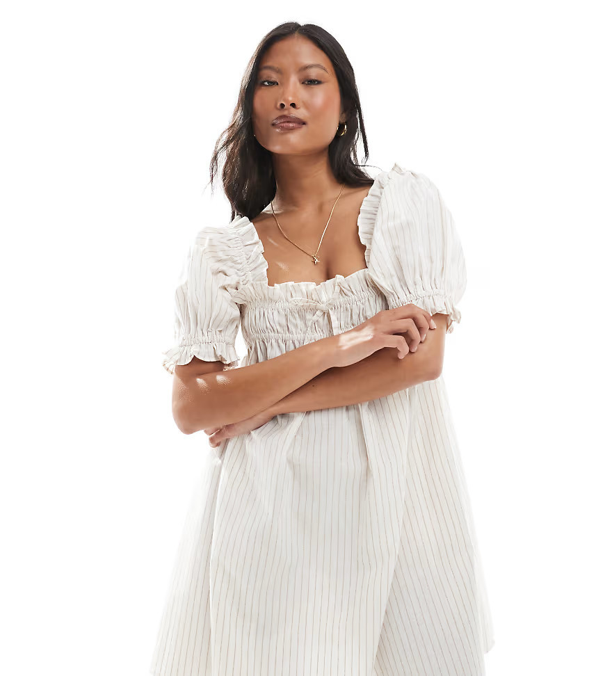 Miss Selfridge Petite yarn dyed striped smock dress in beige stripe-Multi | ASOS (Global)