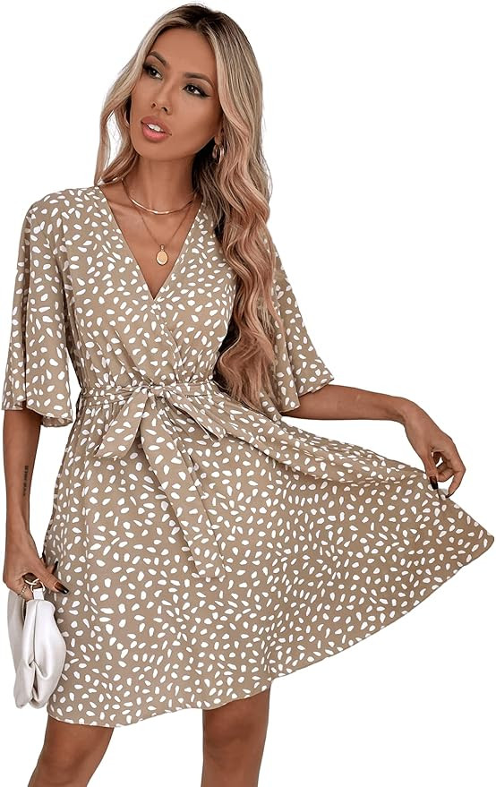 Romwe Women's Short Sleeve V Neck All Over Print High Waist A Line Summer Short Dress | Amazon (US)