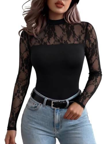 Zeagoo Long Sleeve Shirts for Women's Lace Tops Mesh Sheer Sexy Fall Blouse | Amazon (US)