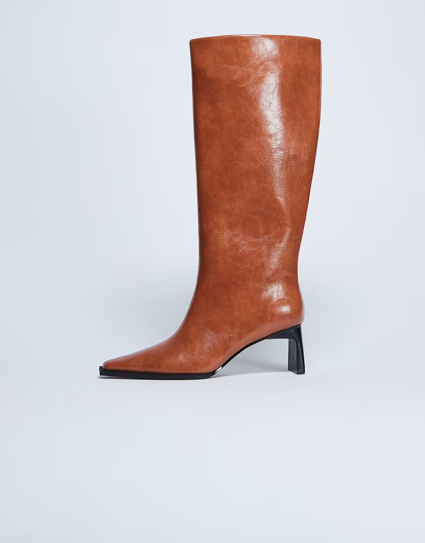 Topshop Talia chisel toe knee high boots in tan-Brown | ASOS (Global)