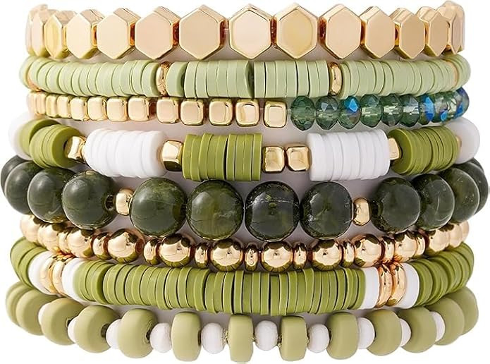 Surfer Heishi Clay Bead Bracelets for Women Bohemian Stackable Gold Beaded Stretch Bracelets Elas... | Amazon (US)